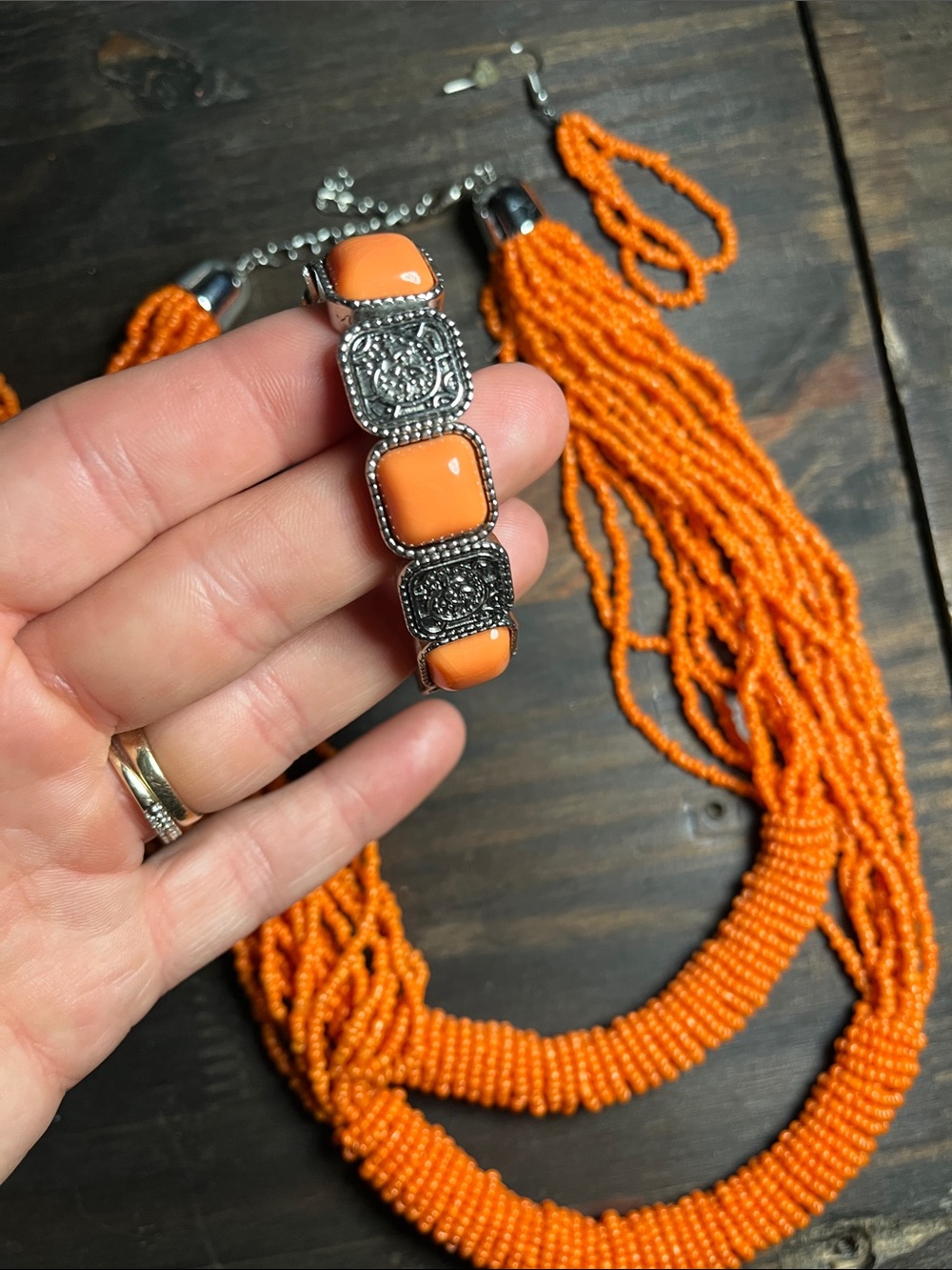 Orange Beaded Multi-Strand Necklace with Matching Earrings and Bracelet - Picture 3 of 3